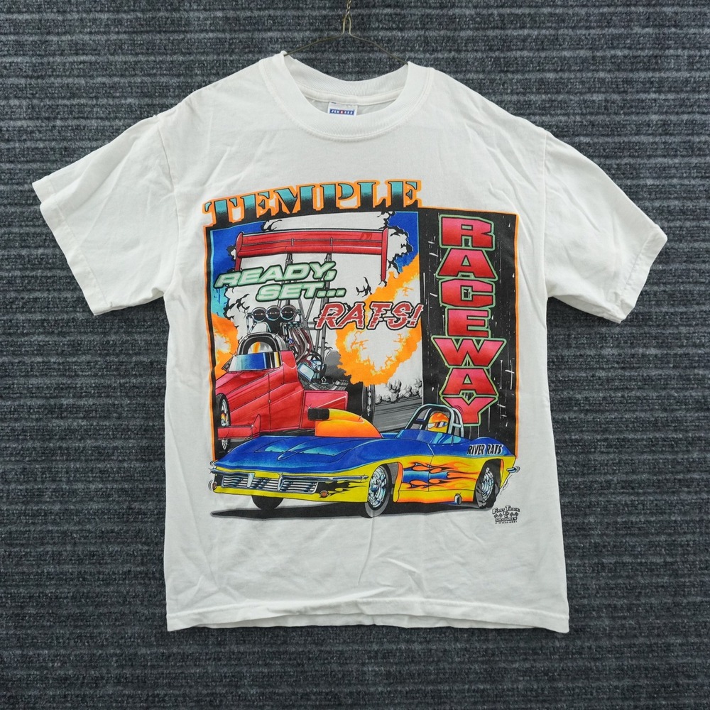 Jerzees Temple Raceway T-Shirt‎ Mens Small White Vintage Y2K Drag Racing Graphic